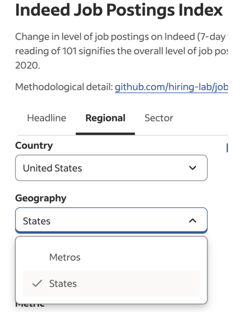 Screenshot of the state, country, and metro area drop-down menus on the Job Posting Index.